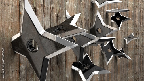 Shuriken - Ninja’s throwing stars on wood background.
3DCG illustration.  photo