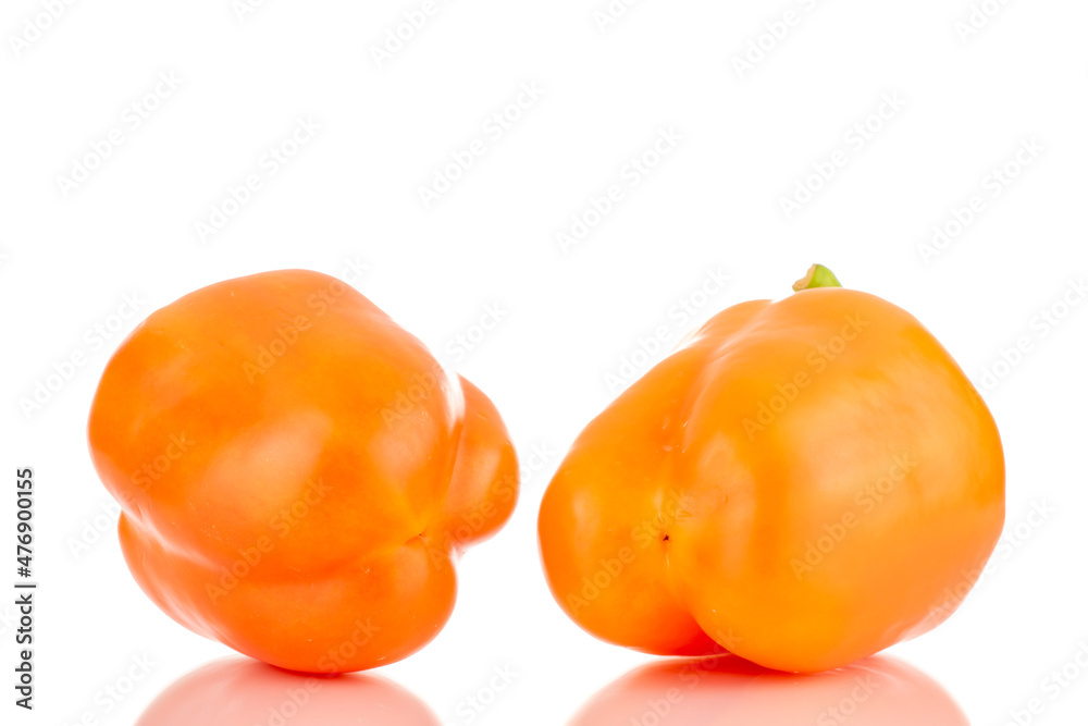 Two ripe orange sweet peppers, close-up, isolated on white. Two ripe orange sweet peppers, close-up, isolated on white.
