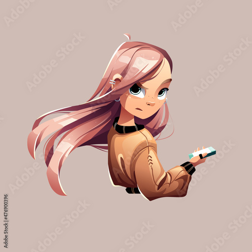 Illustration of a cheeky girl with a smartphone.