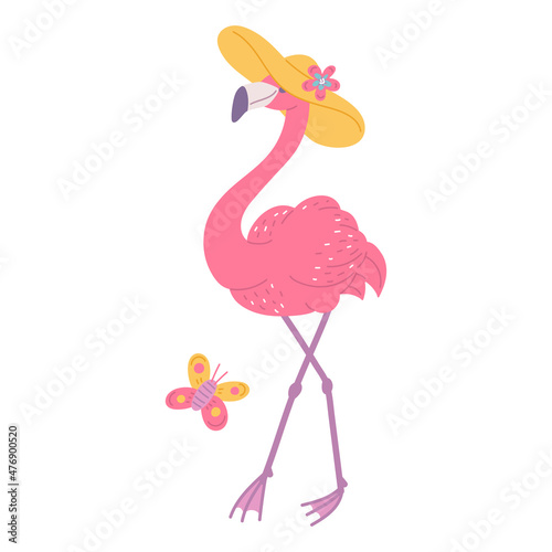 Cute pink flamingo in beach hat. African bird cartoon flat illustration. © Marina Tab