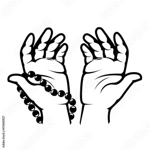Clasped hands in prayer, hand palms with beads, namaz or Ramadan Muslim pray, vector