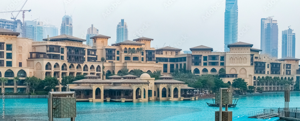 Panoramic view of Dubai Mall. Marketplace, fountain. United Arab Emirates
