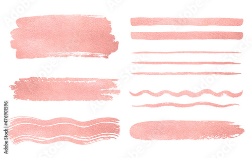 Pink golden foil artistic brush strokes, brushstroke shapes, smears, stripes, rough lines set. Hand drawn creative textured text backgrounds, rose gold painted graphic design elements. Frame templates