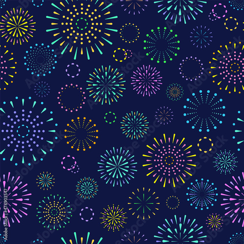 Seamless pattern with flat geometric Japanese style round fireworks