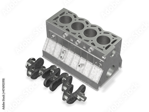 Engine block with crankshaft 3d rendering