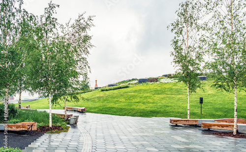 Walking area in Zaryadye Park, Moscow, Russia after the rain, natural forest landscape photo