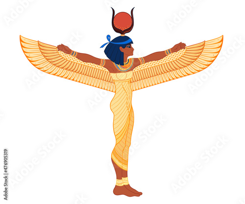 Isis, goddess of life and magic in Egyptian mythology. One of the greatest goddesses of Ancient Egypt, protects women, children, heals sick. Vector illustration over aged background. Winged woman.