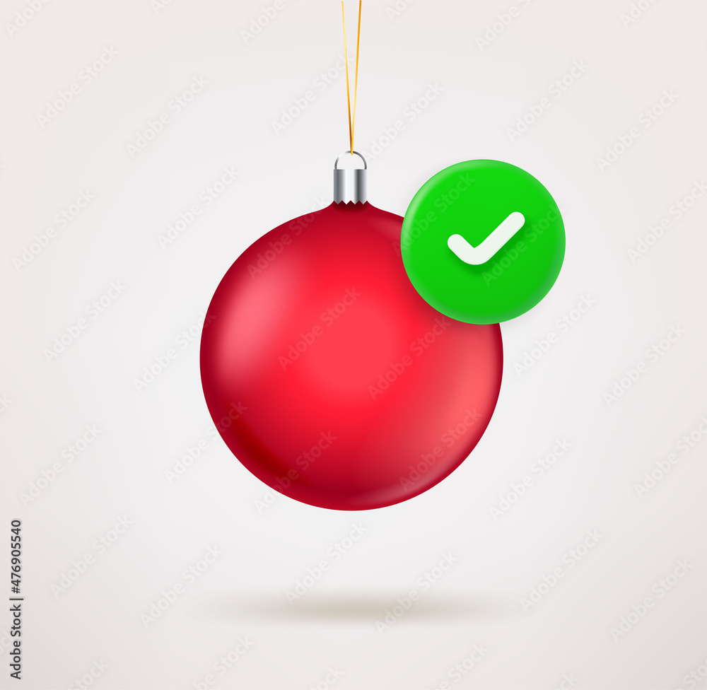 Classic red christmas bauble icon with checkmark. 3d vector icon Classic red christmas bauble icon with checkmark. 3d vector icon