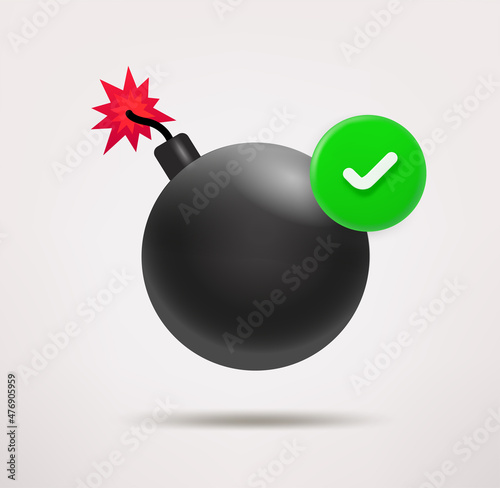 Bomb icon with checkmark. 3d vector icon