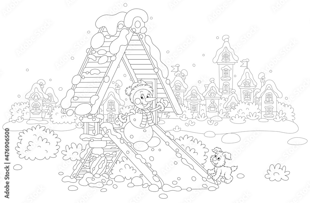 Naklejka premium Merry toy snowman playing with a cute puppy on a toy slide on a snow-covered playground in a winter park of a pretty small town on a beautiful snowy day, black and white vector cartoon