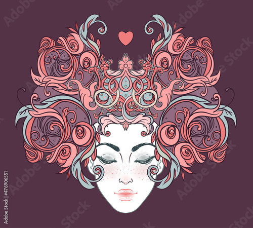 Tribal Fusion Boho Diva. Beautiful Asian divine girl with ornate crown, kokoshnik inspired. Bohemian goddess. Hand drawn elegant illustration. Lotus flower, ethnic art, patterned Indian paisley.