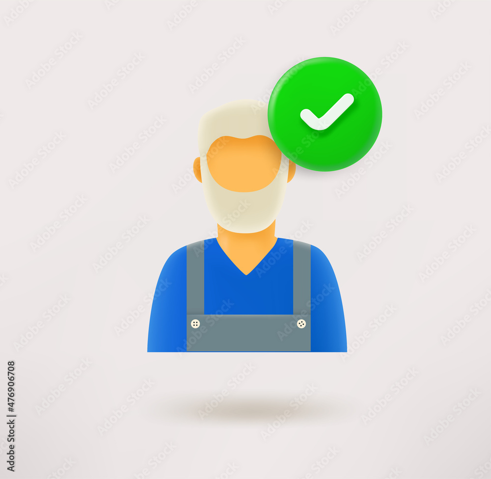Old worker icon with checkmark. 3d vector icon