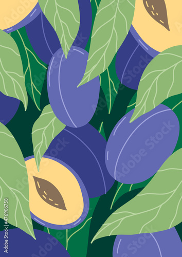 Plum fruit background. Fruits and leaves of plum tree for social media, postcards, print, poster. Hand drawn plums. Vector illustration