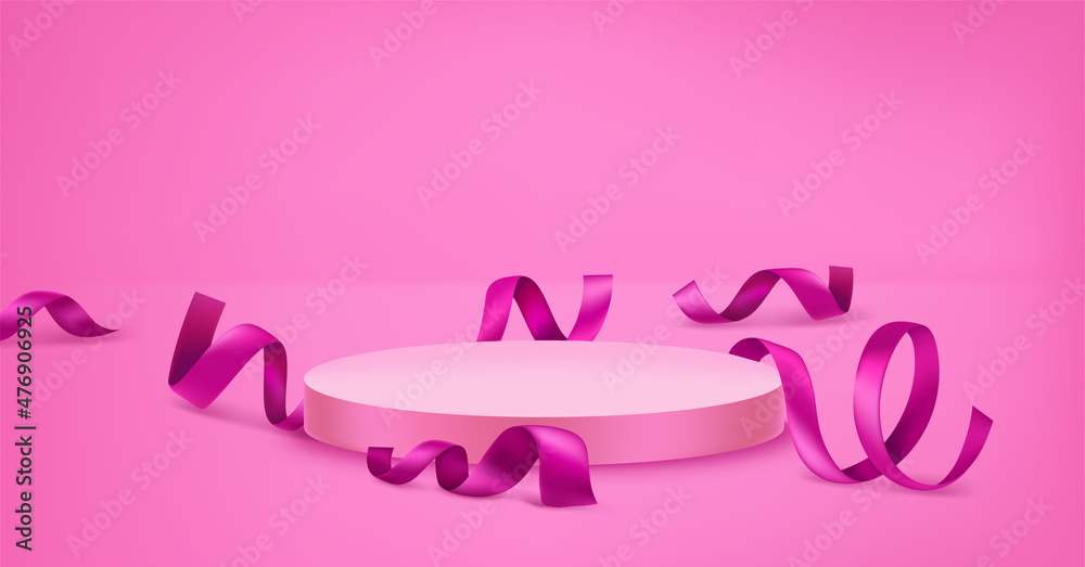 Pink room with podium and ribbons. Template for design. Vector 3d illustration