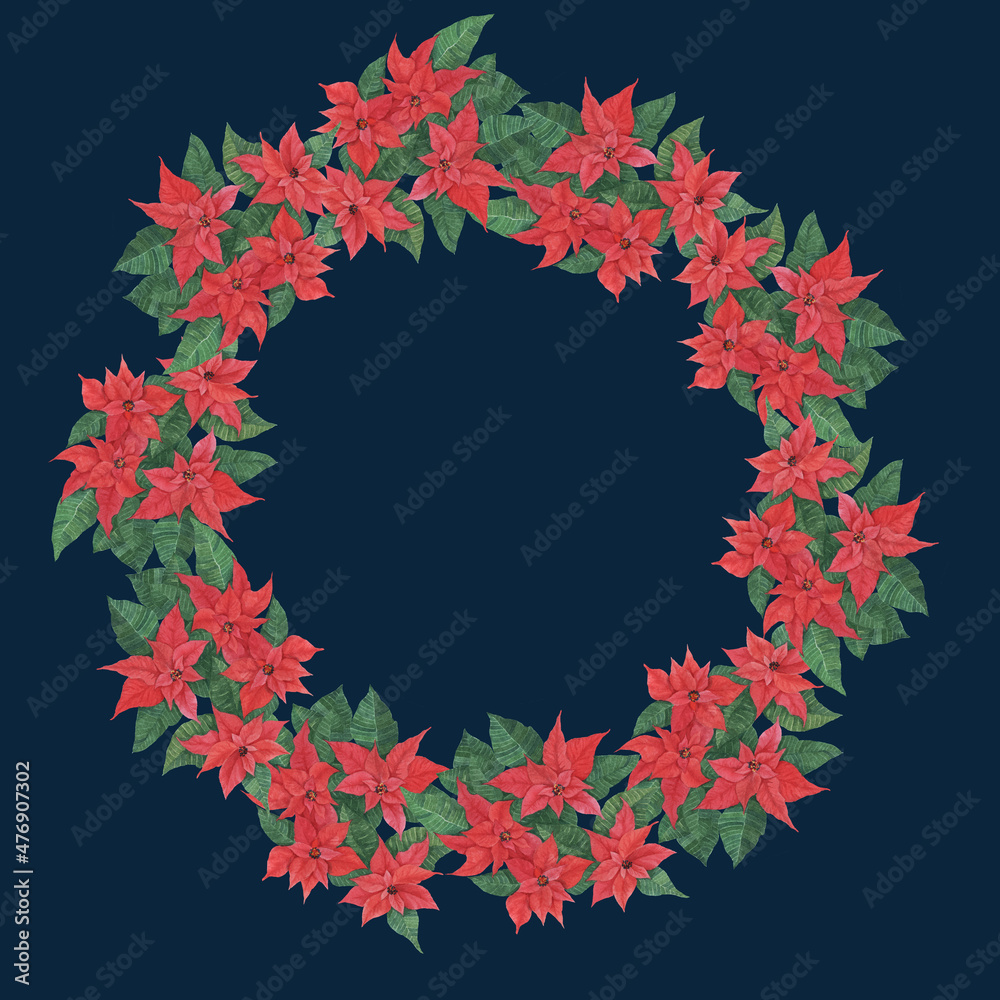 
New Year's wreath of poinsettia on a blue background. Watercolor drawing