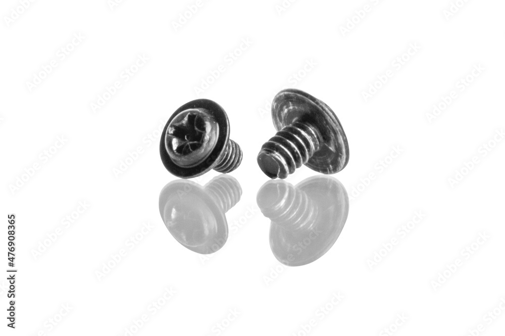 Macro of two black screws on a white background. Repair Macro of two black screws on a white background. Repair
