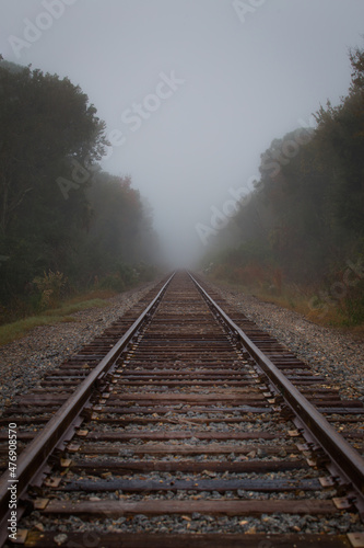 Foggy train tracks in the morning.