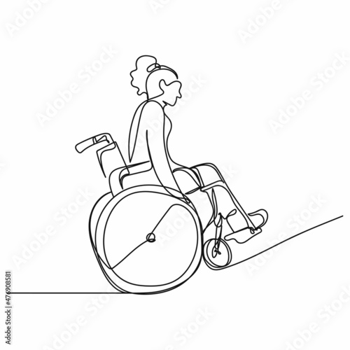 Continuous one simple single line drawing of female in wheelchair icon in silhouette on a white background. Linear stylized.