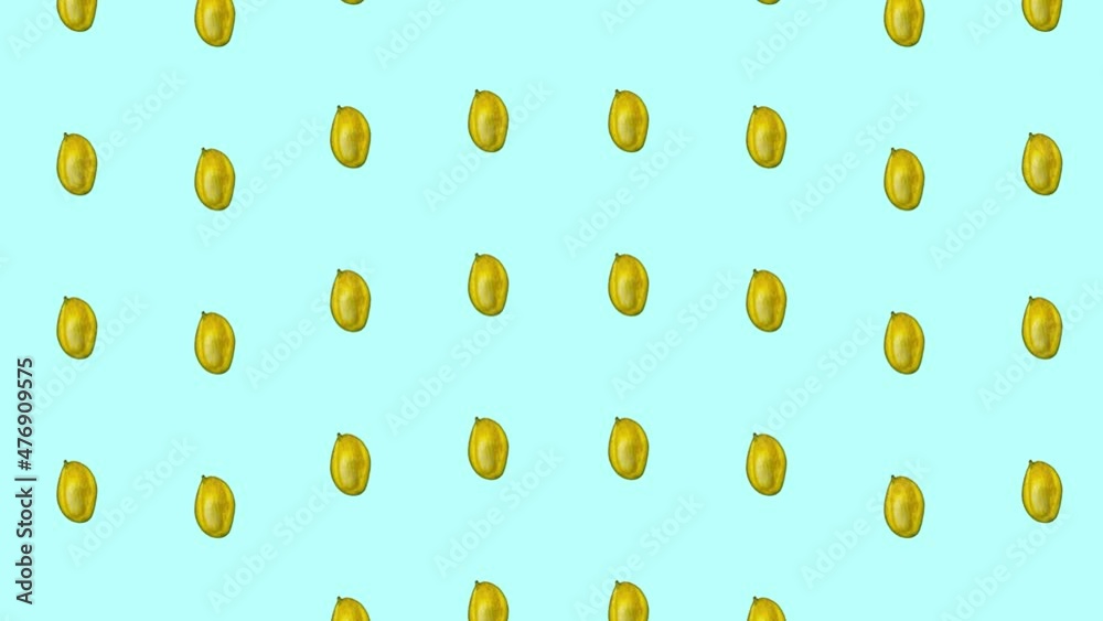 Colorful fruit pattern of fresh mango on blue background. Seamless pattern with mango. Realistic animation. 4K video motion Colorful fruit pattern of fresh mango on blue background. Seamless pattern with mango. Realistic animation. 4K video motion