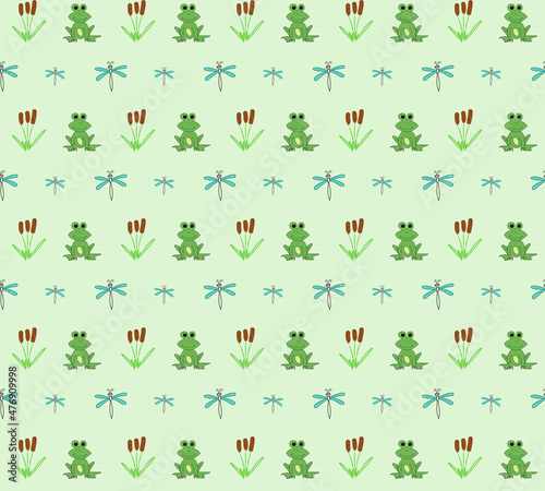 Seamless pattern with cute frogs, dragonfly and reeds on green background. Perfect content for wallpaper, postcards, posters, fabric, napkins and other creative projects.