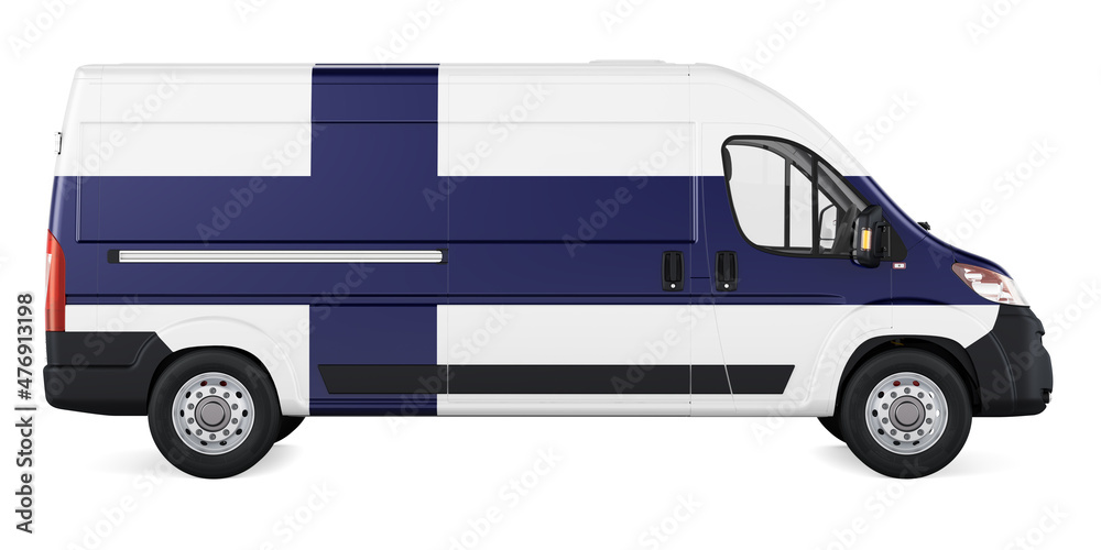 Finnish flag painted on commercial delivery van. Freight delivery in Finland, concept. 3D rendering