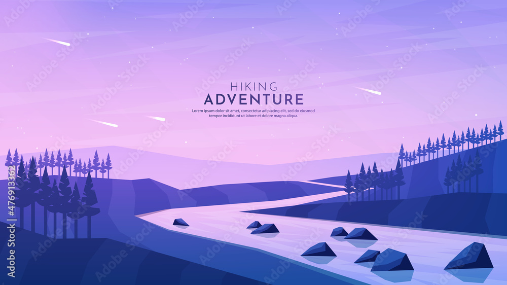 Vector illustration. Minimalist polygonal design. Nature landscape background. Panoramic view. Design element for web banner, website template. Cartoon flat style. Mountain river in the woods. Evening