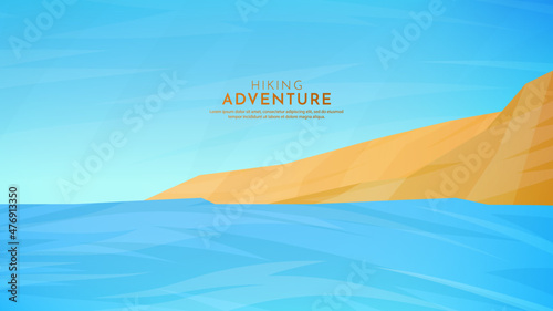 Vector illustration. Minimalist polygonal design. Nature landscape background. Panoramic view. Design element for web banner, website template. Cartoon flat style. Sandy island in the ocean. Shiny day