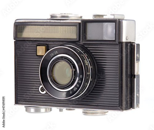 The old vintage soviet film rangefinder camera, released in USSR on white background.