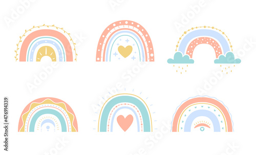 Collection vector boho rainbows for kids. Cute colorful illustration in hand drawn style. Glyph nature weather element
