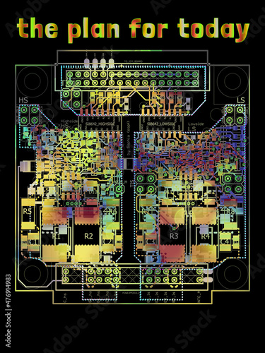 Buntes Platinendesign mit Widerständen, Kondensatoren, Dioden, Transistoren und ICs. Ingenieurtechnische elektronische Schaltung und 