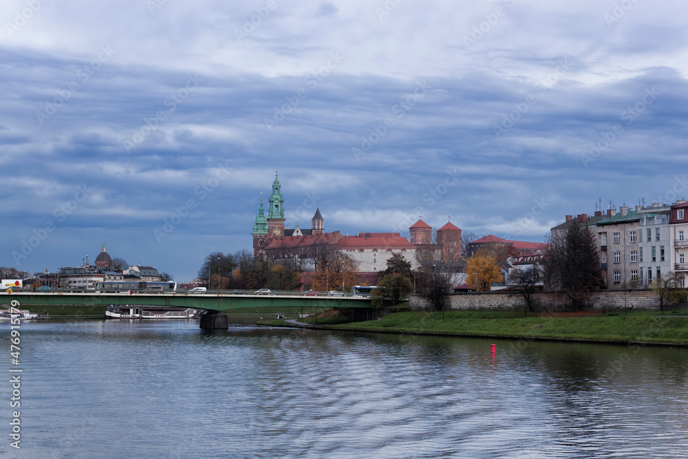 In the foreground - the Grunwald Bridge over the Vistula and the Wawel Castle behind