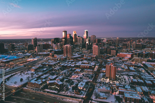 Aerial Sunset of Minneapolis Skyline, Minnesota