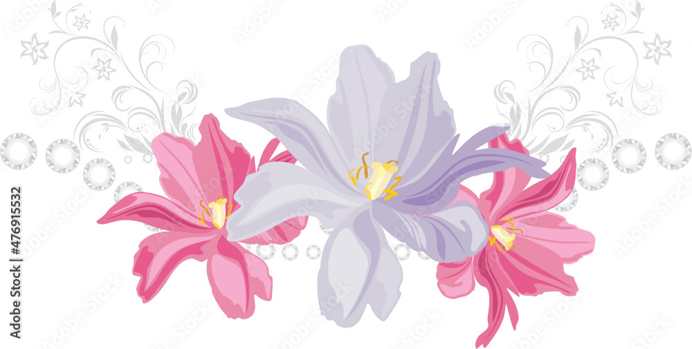 Three blooming tulips in decorative design