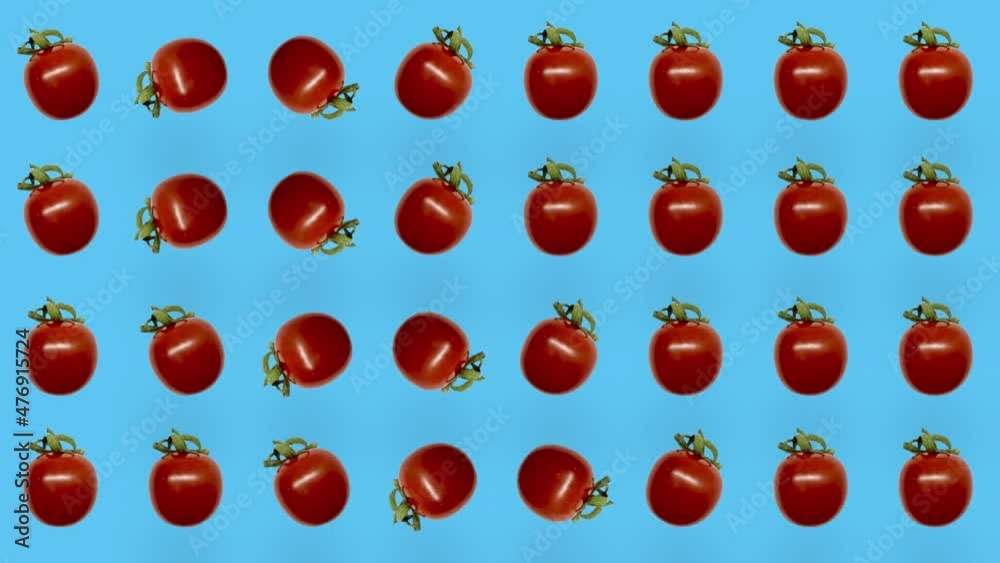 Colorful pattern of fresh red tomatoes on blue background. Seamless pattern with cherry tomato. Realistic animation. 4K video motion Colorful pattern of fresh red tomatoes on blue background. Seamless pattern with cherry tomato. Realistic animation. 4K video motion