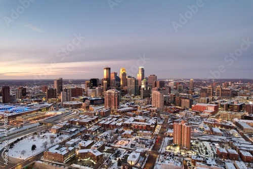 Aerial Winter Skyline Sunset of Minneapolis, Minnesota