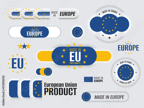 Neomorphic 3d mock up European Union flag buttons set. Made in Europe neomorphism trendy concept design element, logo, icon, sign, symbol. Made premium quality. Vector illustration
