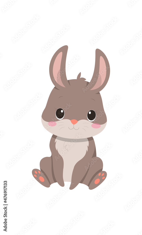 Cute bunny sitting. Stickers and badges for children with rabbit. Forest animal looking at something. Adorable mammal. Zoo character. Cartoon flat vector illustration isolated on white background
