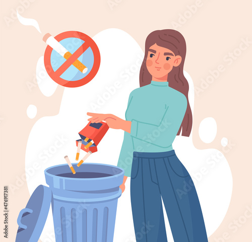 Woman quit smoking. Self victory, self improvement, street, garbage, healthy lifestyle. Danger and potential lung cancer, self care. Young girl throws away cigarettes. Cartoon flat vector illustration