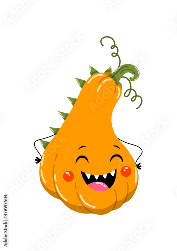 Cute pumpkin laugh. Social media sticker. Halloween and badges for childrens. Tall vegetable laughs, vitamins and vegetarian food. Cartoon flat vector illustration isolated on white background