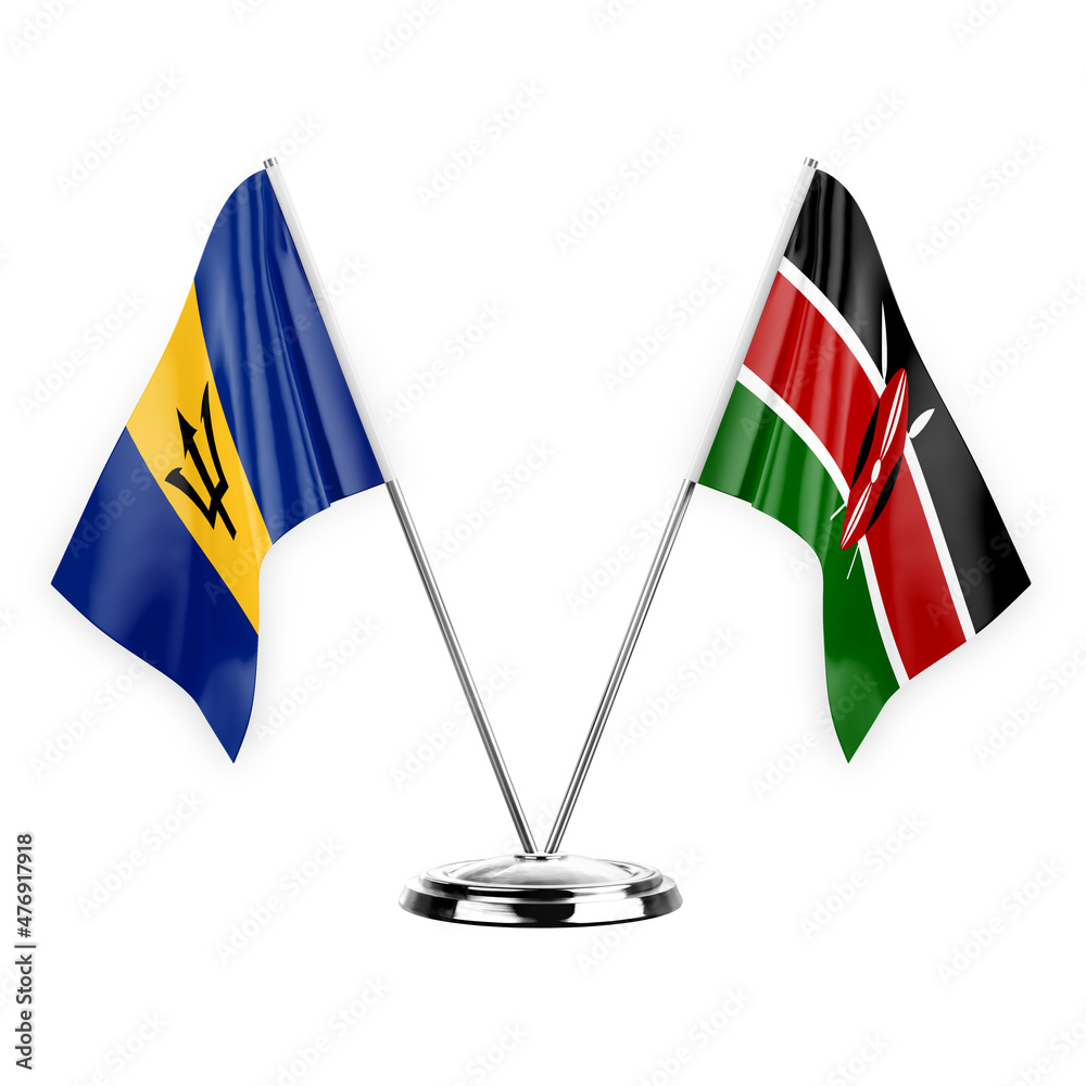 Two table flags isolated on white background 3d illustration, barbados and kenya Two table flags isolated on white background 3d illustration, barbados and kenya