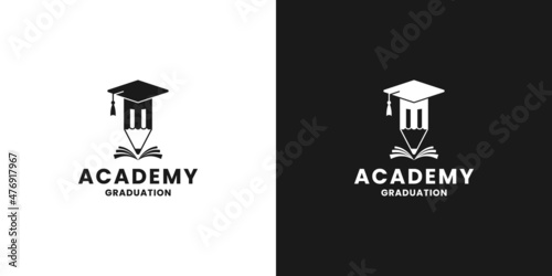 academy graduation logo design for education. Combination of graduation cap and pencil