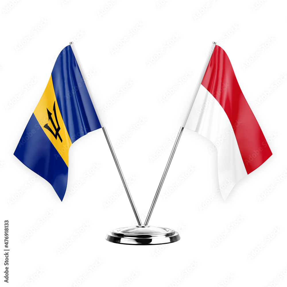 Two table flags isolated on white background 3d illustration, barbados and monaco Two table flags isolated on white background 3d illustration, barbados and monaco