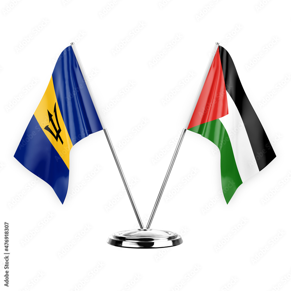 Two table flags isolated on white background 3d illustration, barbados and palestine Two table flags isolated on white background 3d illustration, barbados and palestine