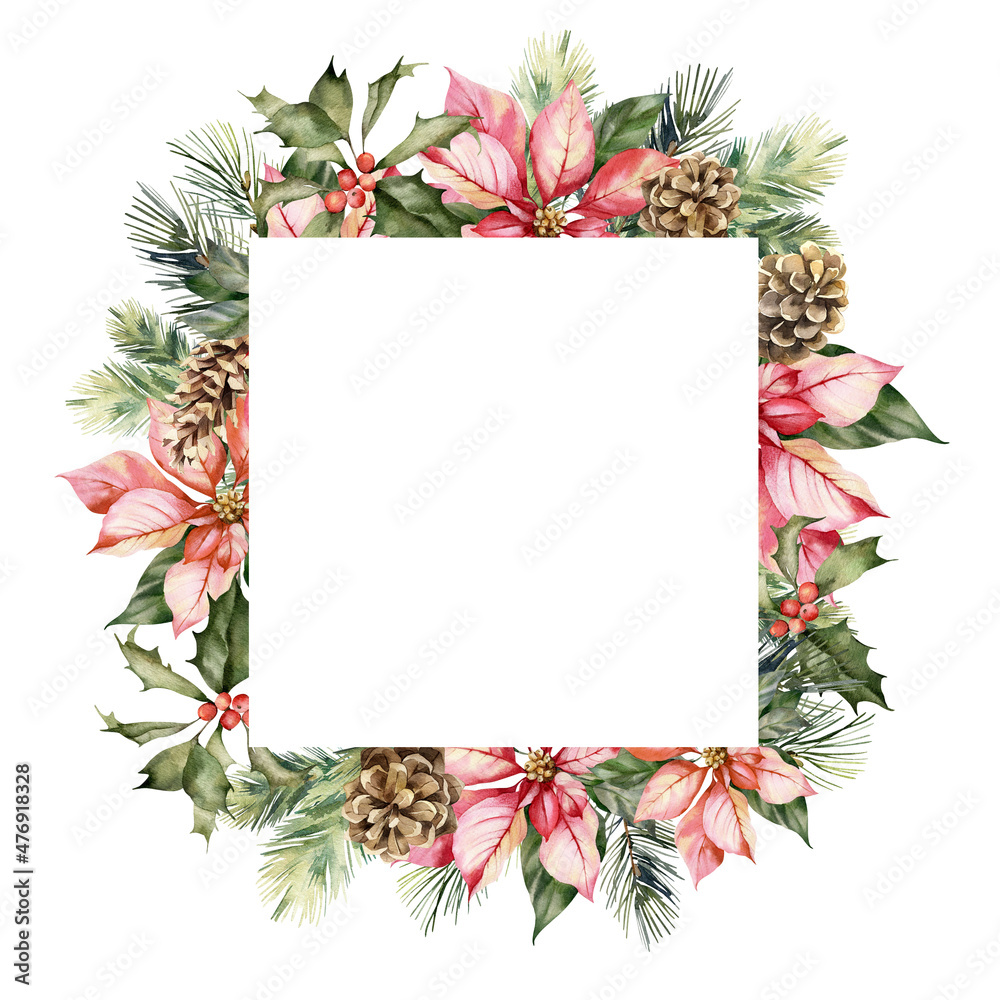 Obraz premium Watercolor Christmas frame of poinsettia, spruce branches and cones. Hand painted holiday card of flowers isolated on white background. Illustration for design, print, background
