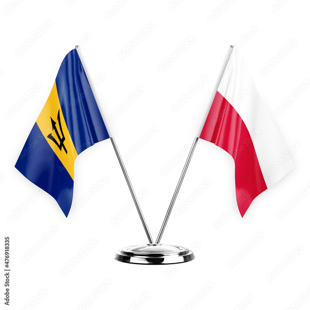 Two table flags isolated on white background 3d illustration, barbados and poland Two table flags isolated on white background 3d illustration, barbados and poland