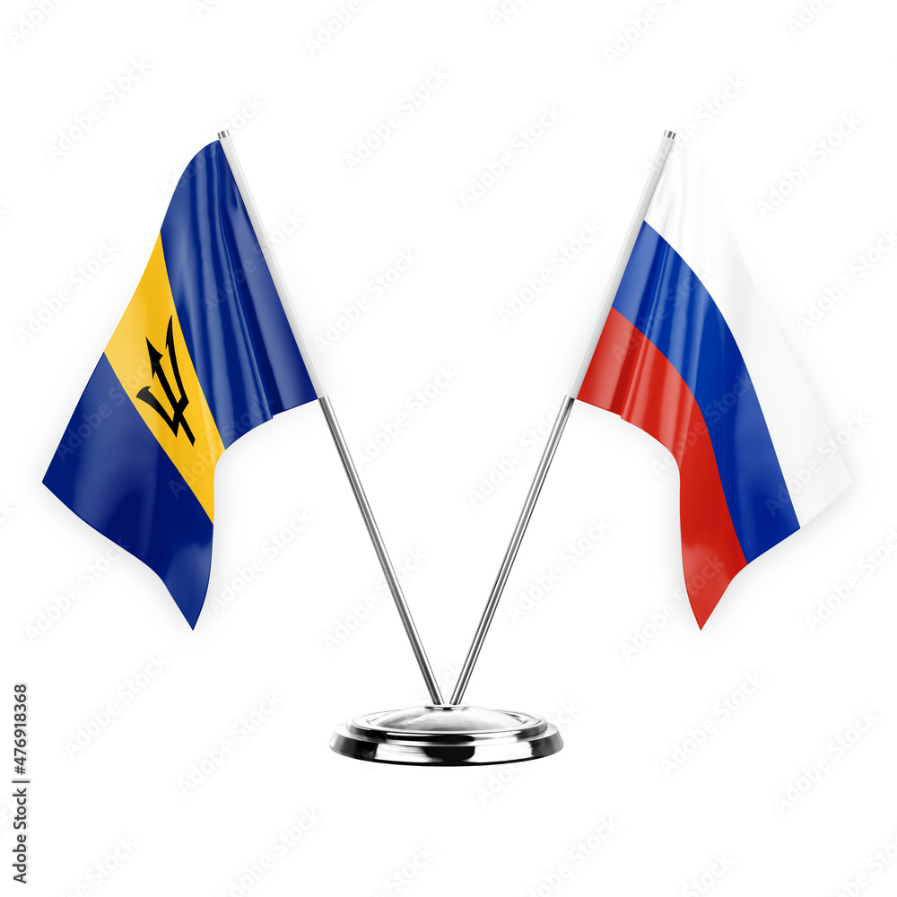 Two table flags isolated on white background 3d illustration, barbados and russia Two table flags isolated on white background 3d illustration, barbados and russia