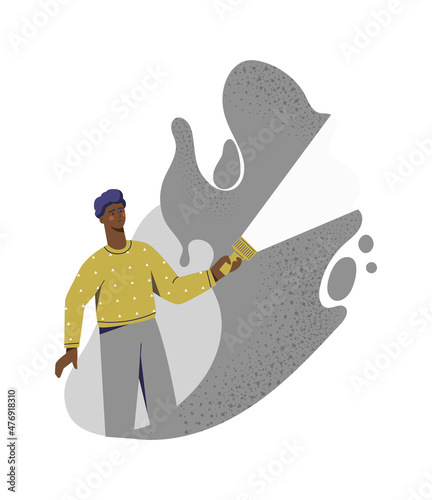 Concept of fear. Man stands against background of terrible shadows. Abstract patterns and graphic elements for site. Psychology and insecurity, scary picture. Cartoon flat vector illustration