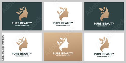 elegance pure beauty logo design collection. woman and leaf combine with golden color