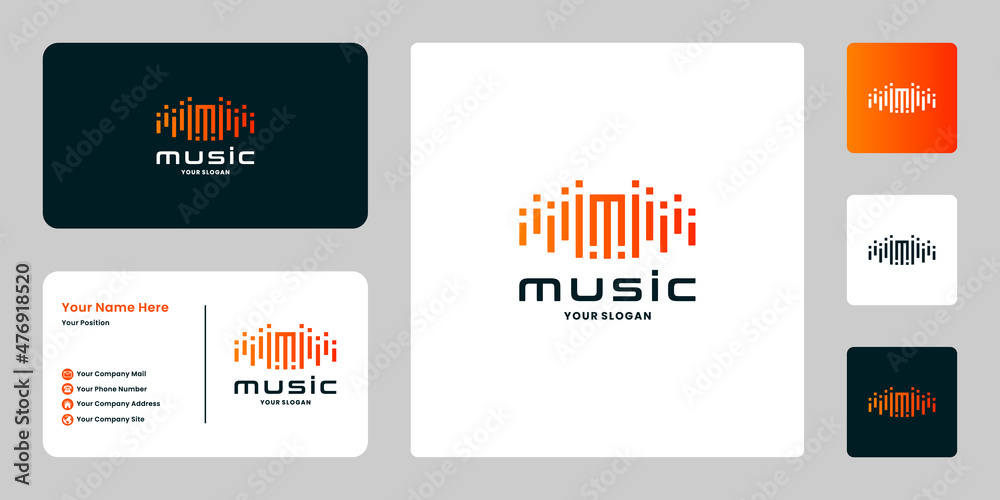 letter M with pulse music logo design with business card template