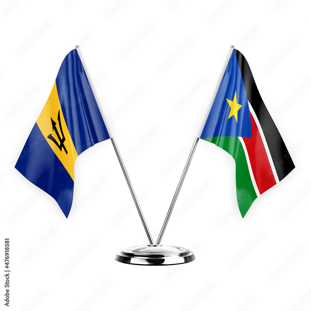 Two table flags isolated on white background 3d illustration, barbados and south sudan Two table flags isolated on white background 3d illustration, barbados and south sudan